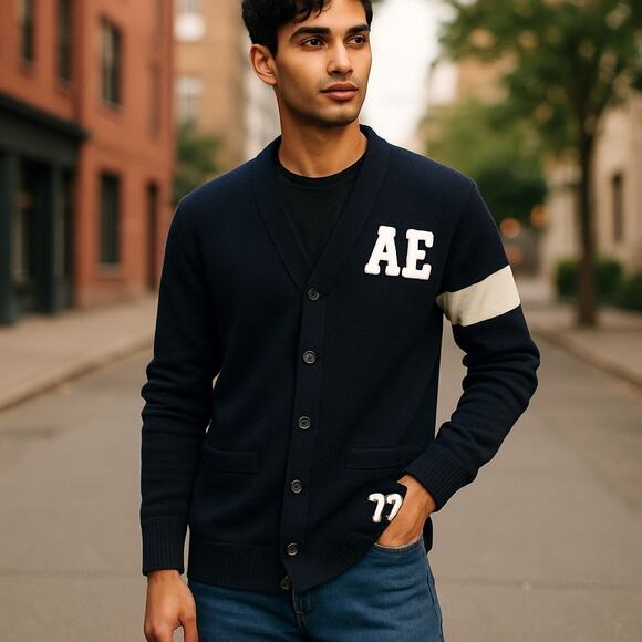 American Eagle Cardigan Sz S Men’s Navy Button Down Academia Preppy Wool Blend - Picture 1 of 10